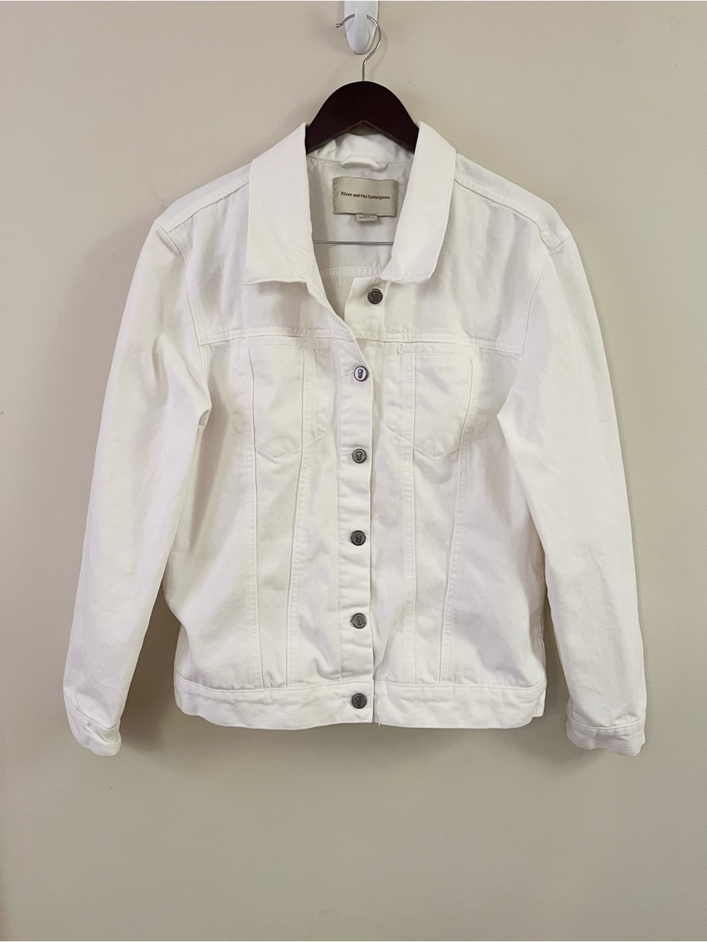 Anthropologie Pilcro White Jean Jacket Size Large Button front Collared